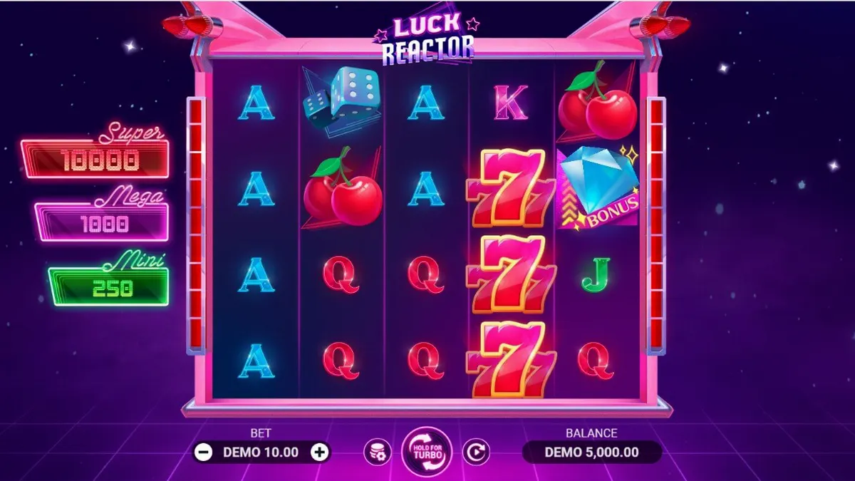 Tampilan visual futuristik dan retro dari slot Luck Reactor