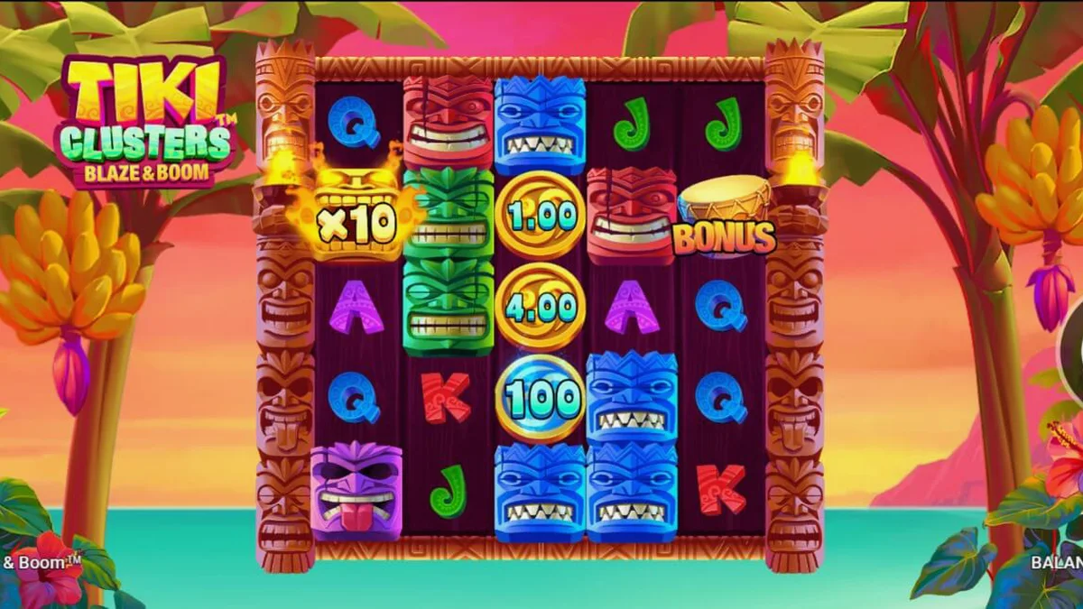 Tampilan visual slot Tiki Clusters Blaze & Boom dengan tema hutan tropis dan topeng Tiki.