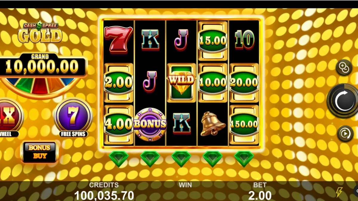 Tampilan visual slot Cash Spree Gold dengan simbol emas dan permata yang berkilauan